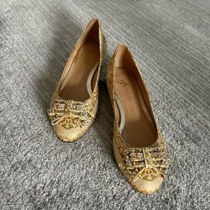 Satin embellished leather embossed ballet flats made in Italy size 38.5